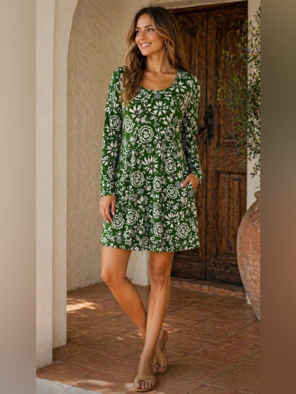 Gudrun Sjoden Green Floral Long-Sleeve Swing Dress small